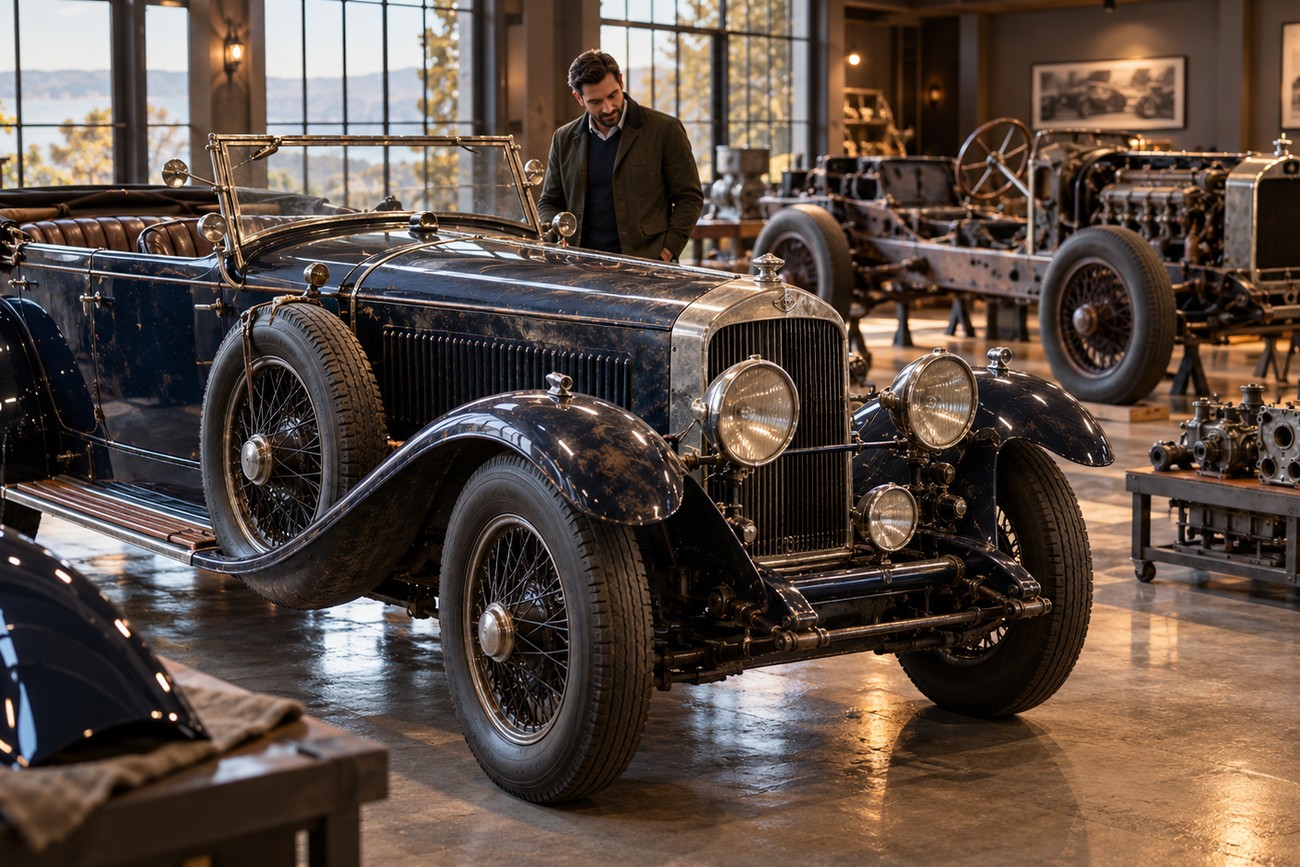 A man looking at a classic dark blue Hispano-Suiza H6 luxury car inside a vintage workshop