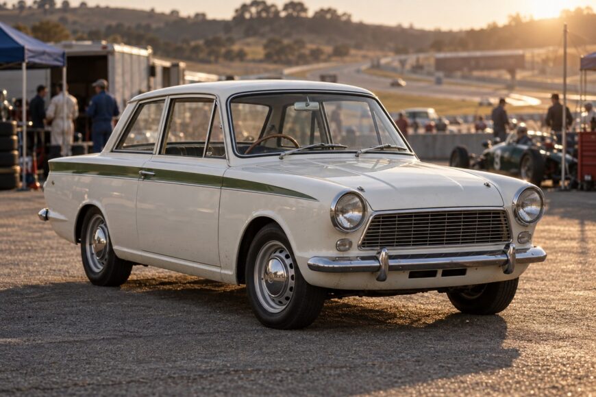 A vintage white Lotus Cortina with a green side stripe parked on asphalt at a racetrack during sunset