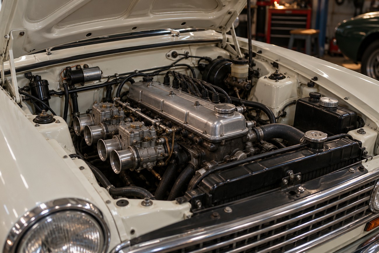 Open hood of a vintage white Lotus Cortina revealing the clean twin-cam engine with dual carburetors inside a garage