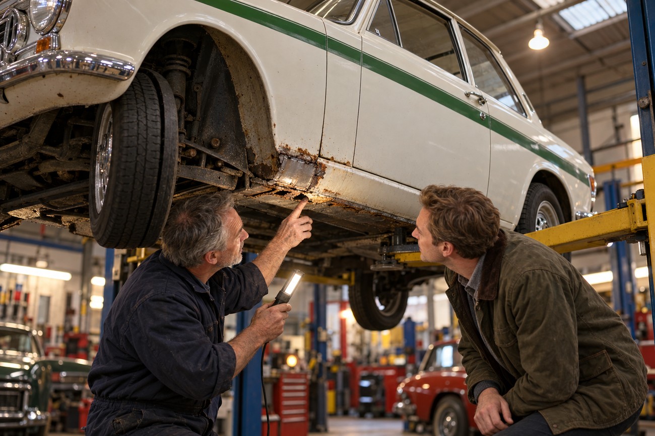 Mechanic with a flashlight points at rust on the underbody of a white Lotus Cortina lifted in a garage while a customer looks on