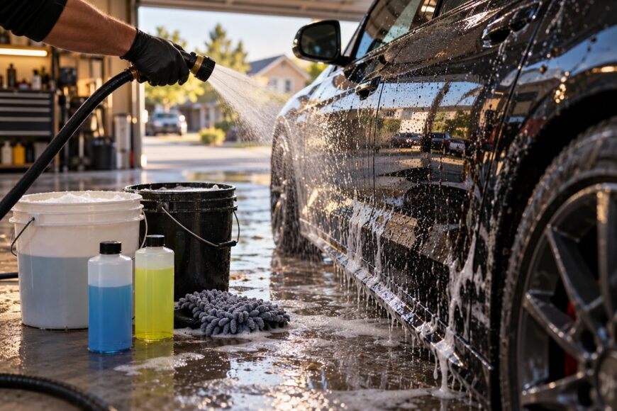 A person in black gloves holding a hose and rinsing soapy water off a black car next to wash buckets and soap bottles