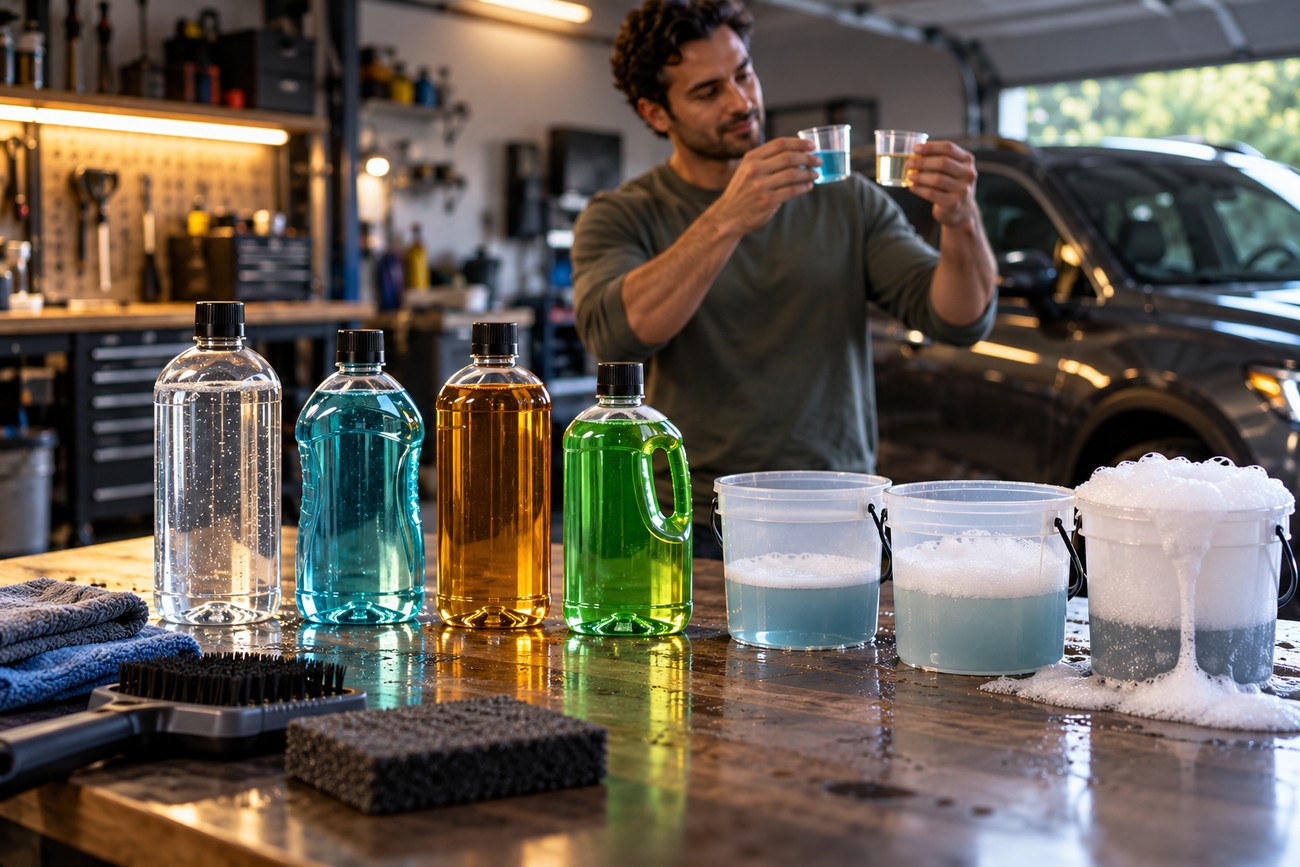 A man in a garage comparing car wash soap formulas in small cups next to soap bottles and buckets filled with soapy water