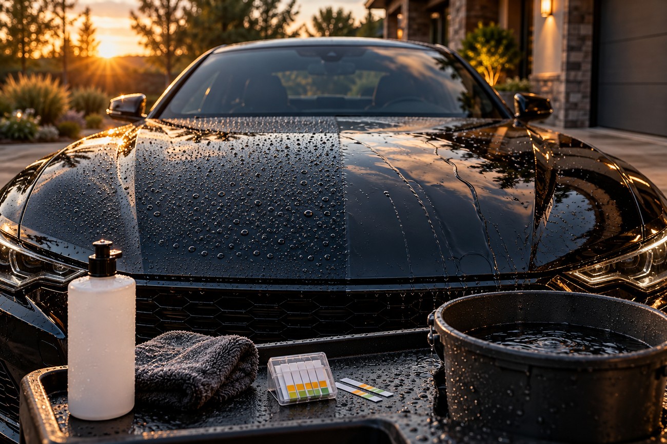 A sleek black car parked in a driveway during sunset with detailing supplies and a bucket of water in the foreground