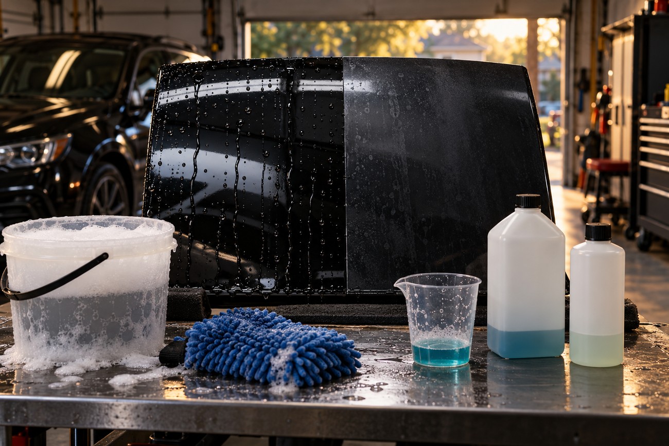 A bucket of soapy water, blue wash mitt, measuring cup, and two soap bottles sitting on a workbench in front of a car wash test panel