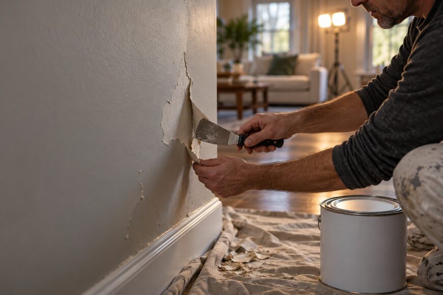 Man using a metal putty knife to scrape away peeling old paint from an interior wall