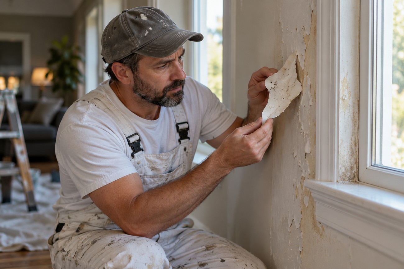 A male painter in white overalls inspects a section of peeling old paint on an interior wall
