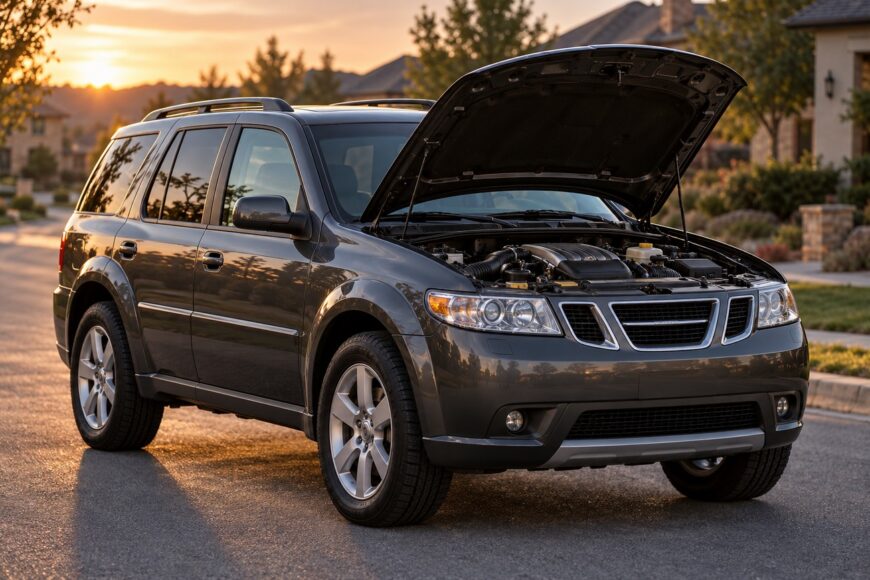Dark gray Saab 9-7X Aero SUV parked on a residential street at sunset with its hood open showcasing the engine
