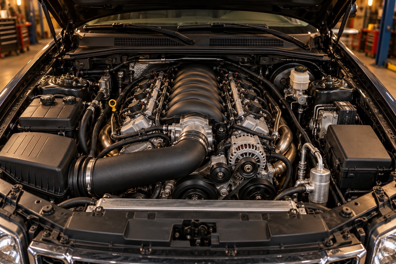 Open hood revealing the powerful V8 engine bay of a Saab 9-7X Aero in a garage