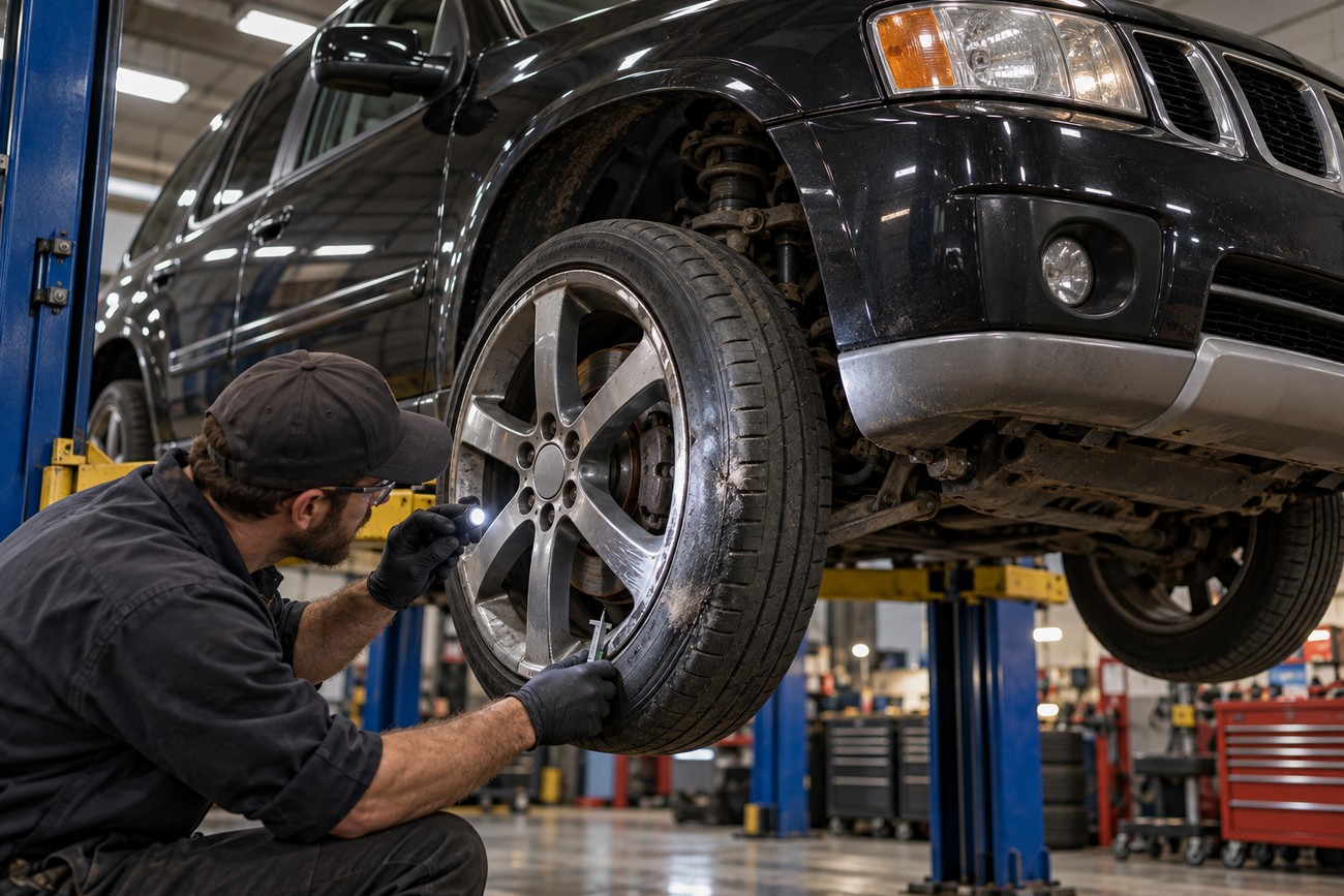 A mechanic wearing gloves and a cap inspects the alloy wheel of a black Saab 9-7X Aero SUV raised on a hydraulic lift in an auto repair shop