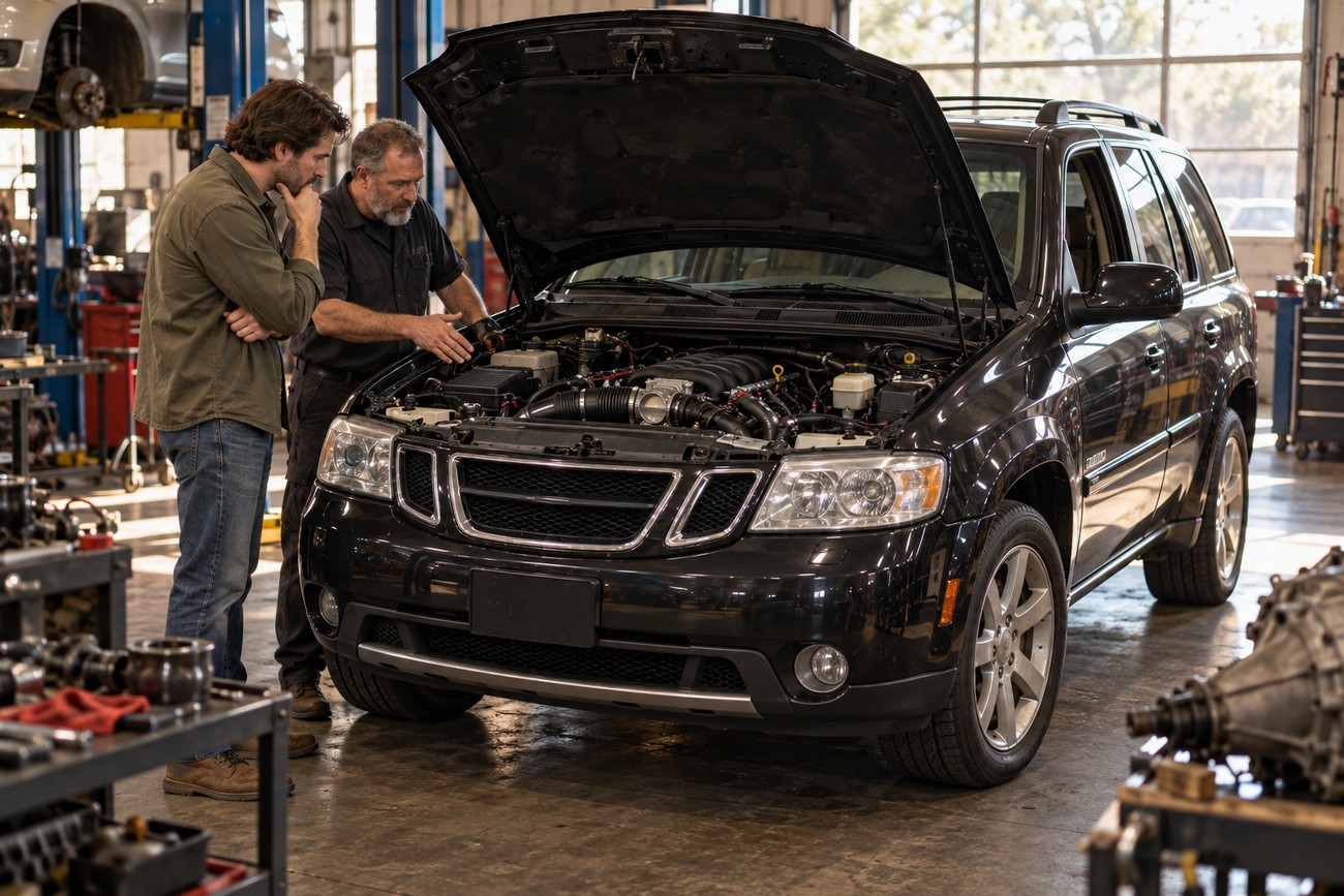 A mechanic and a customer looking at the Corvette-derived V8 engine under the open hood of a black Saab 9-7X Aero SUV inside a service garage