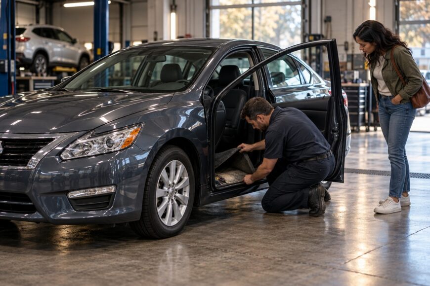A mechanic inspecting the interior floor carpet of a grey Nissan Altima in a repair shop with a customer standing nearby