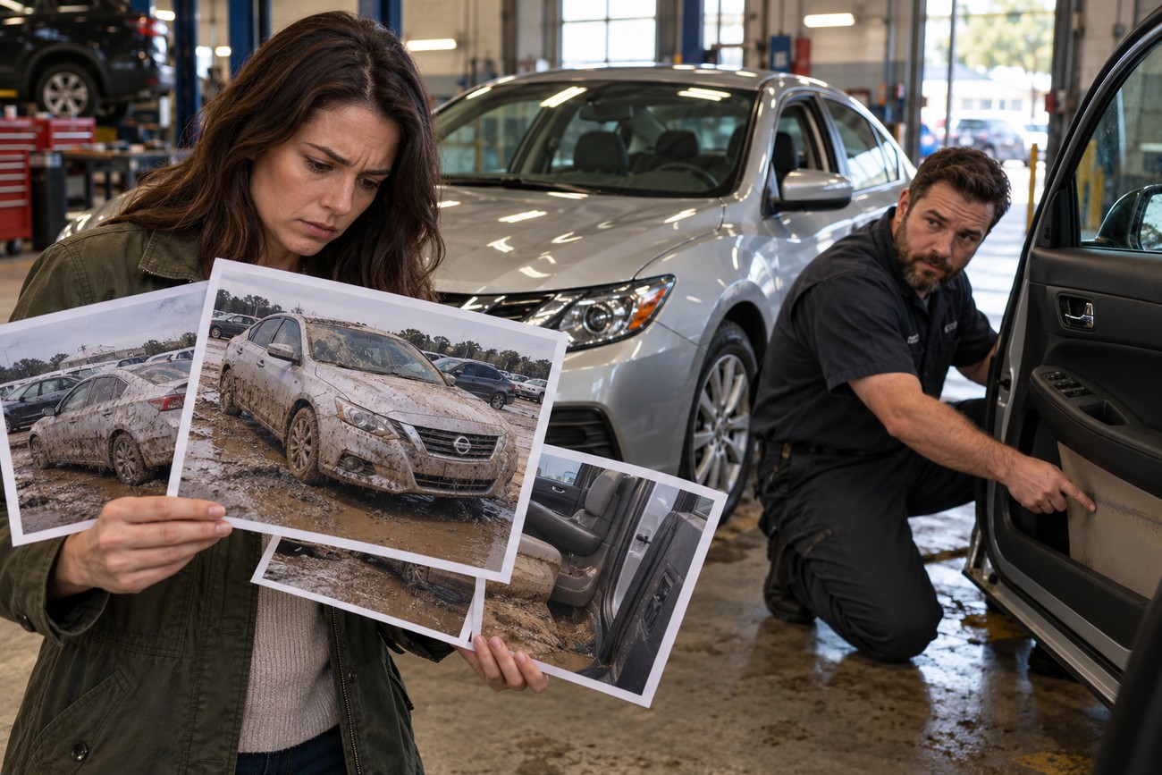 Woman holding printed photographs of a muddy flood-damaged car while a mechanic inspects a silver sedan in a repair shop