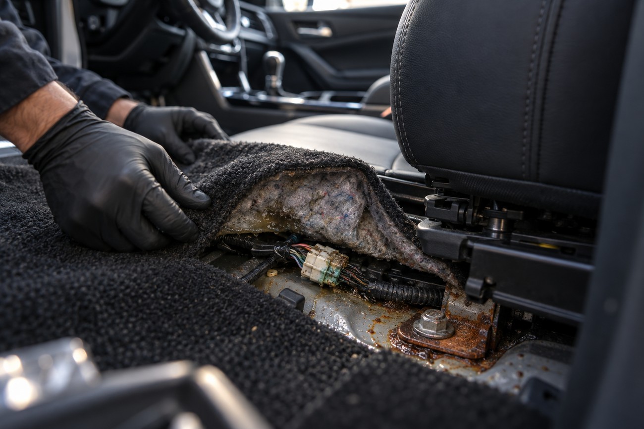 Mechanic in black gloves lifting the wet carpet of a flood damaged Nissan Altima to reveal rust and water