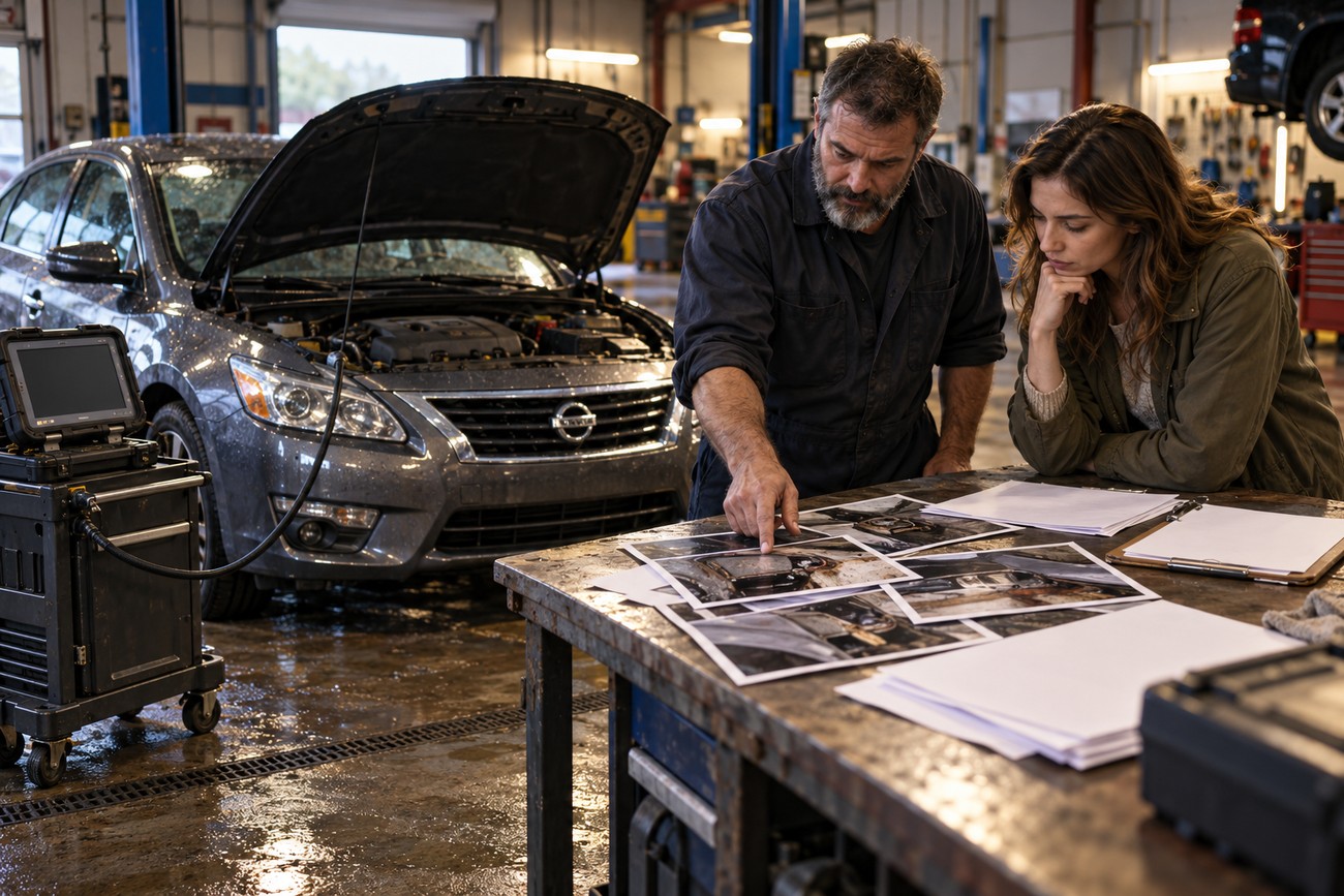 Mechanic pointing at flood damage photos on a workbench next to a gray Nissan Altima with an open hood in a repair shop