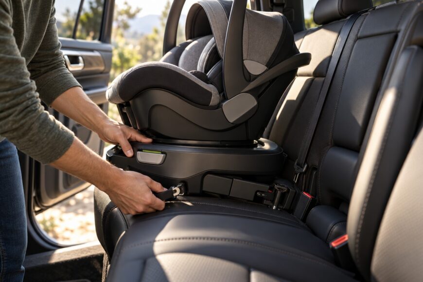 A man secures a child car seat base onto the leather backseat of a modern vehicle