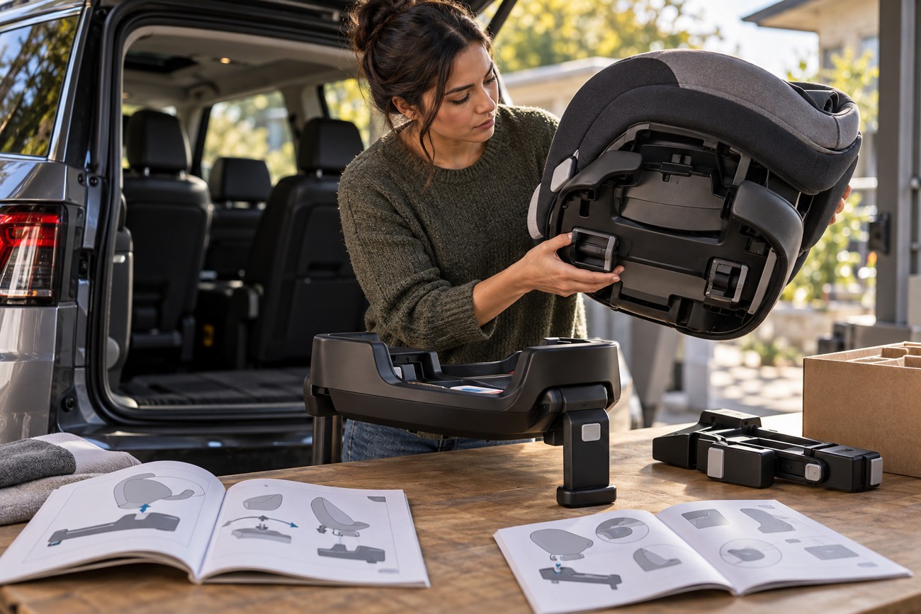 A woman holding a child car seat above an installation base with instruction manuals on a table near an SUV