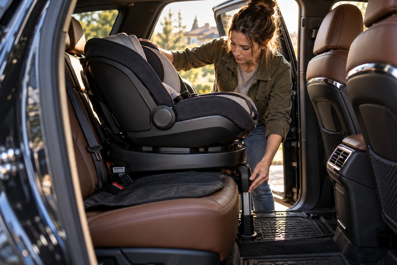 A woman adjusts the support leg of a child car seat base installed on a leather rear vehicle seat