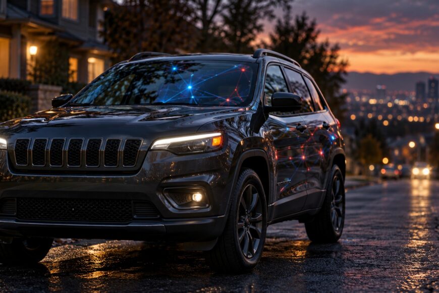 A dark Jeep Cherokee parked on a wet suburban street at sunset with glowing red and blue digital network lines projected over it