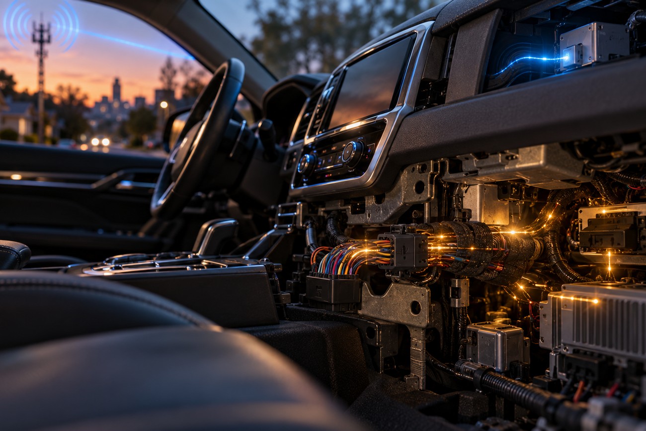 Interior of a Jeep Cherokee with exposed dashboard wiring and glowing digital signals connected to an external cell tower