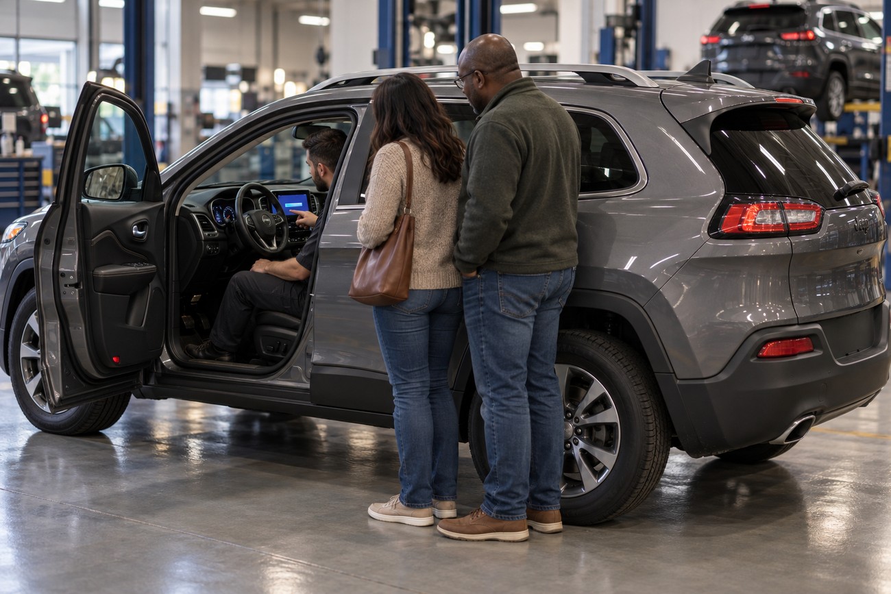 A mechanic sitting inside a gray Jeep Cherokee pointing at the dashboard screen while a man and woman stand nearby in a service garage
