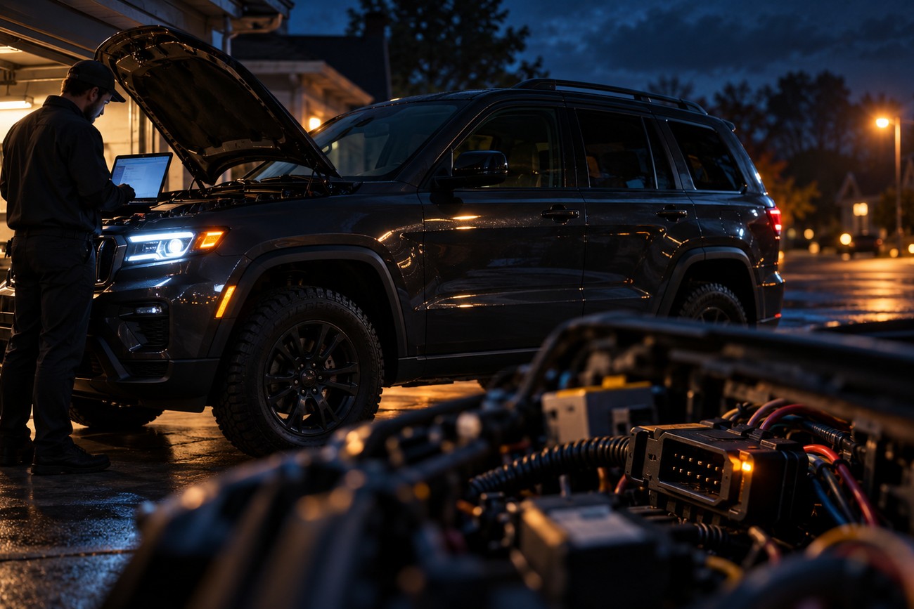 A technician stands by a dark Jeep Cherokee SUV with its hood open at night, holding a laptop to test the vehicle's electronic systems