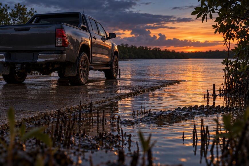 A dark Toyota HiLux parked on a concrete boat ramp at sunset with a crocodile in the water