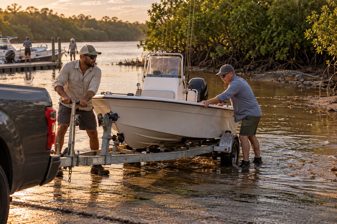 Two men launching a boat from a trailer attached to a Toyota HiLux while a crocodile waits in the shallow water nearby