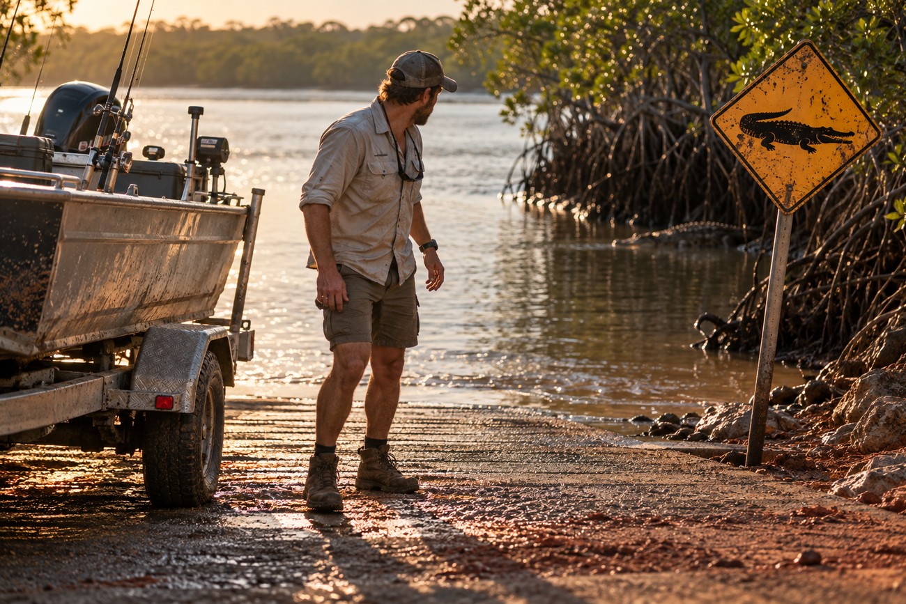 A man standing on a boat ramp next to a trailer and a crocodile warning sign by the water