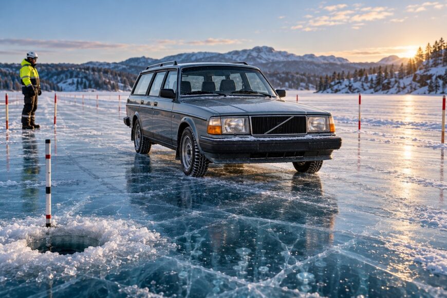 A grey Volvo 240 station wagon parked safely on a frozen lake with an ice measuring hole in the foreground
