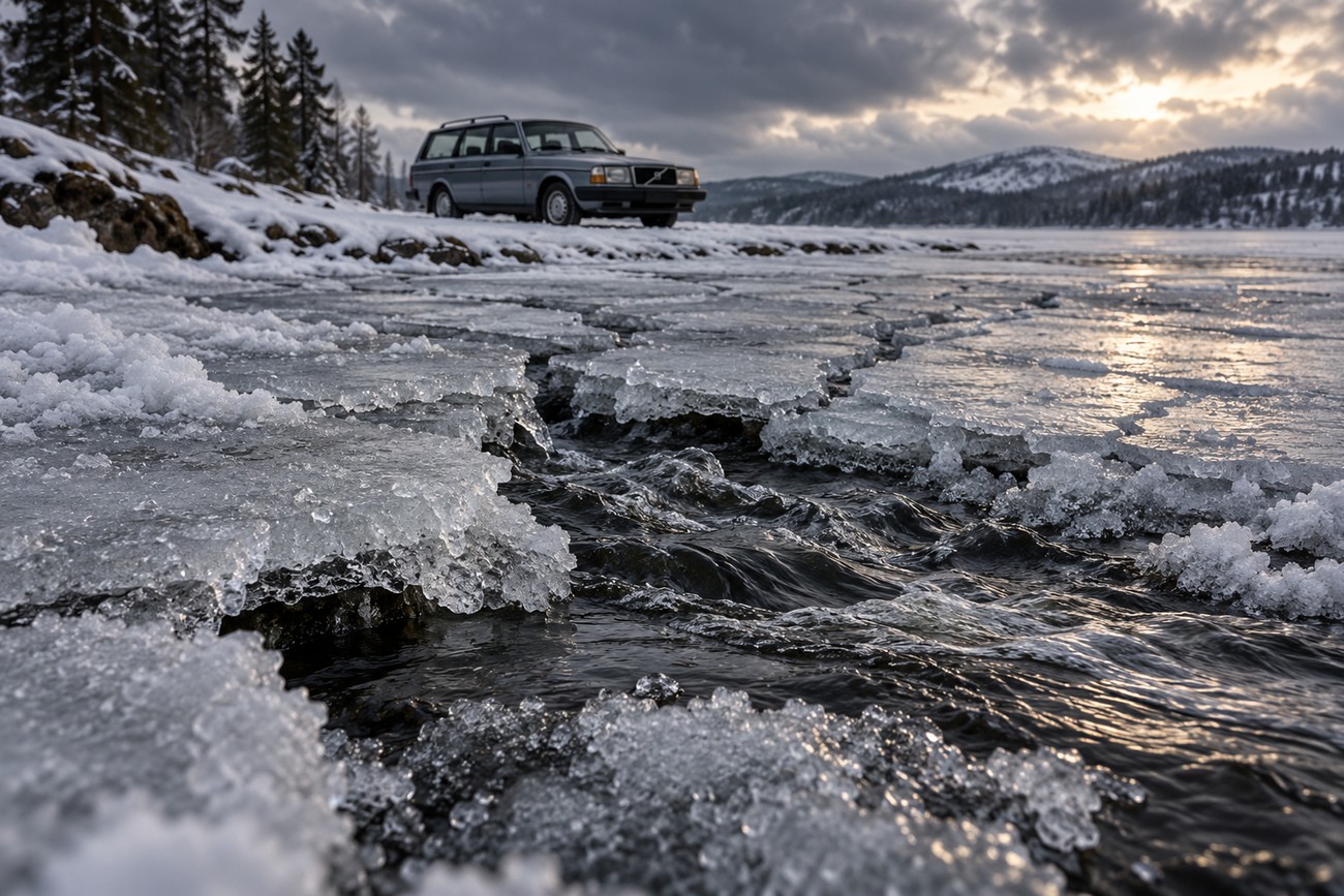 A silver Volvo 240 station wagon parked near cracked ice at the edge of a frozen lake under a cloudy winter sky