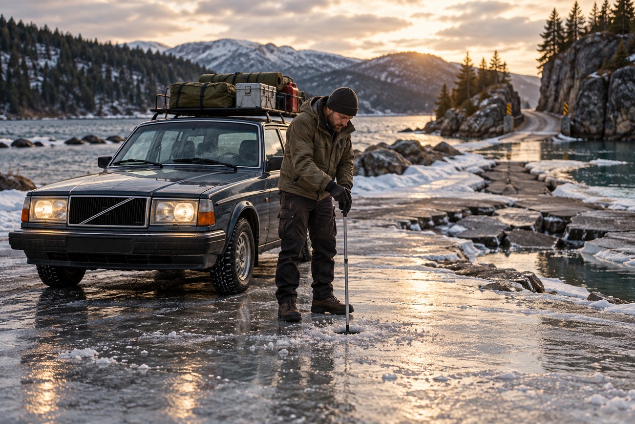 A man measures ice thickness with a tool next to a parked Volvo 240 on a frozen lake during winter sunset