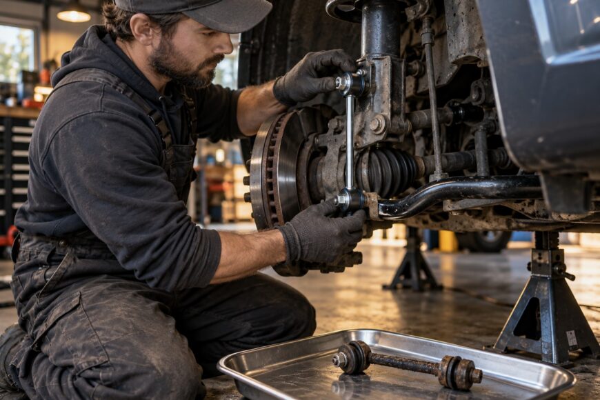 Mechanic wearing gloves installing a new front sway bar link on a car suspension in a garage