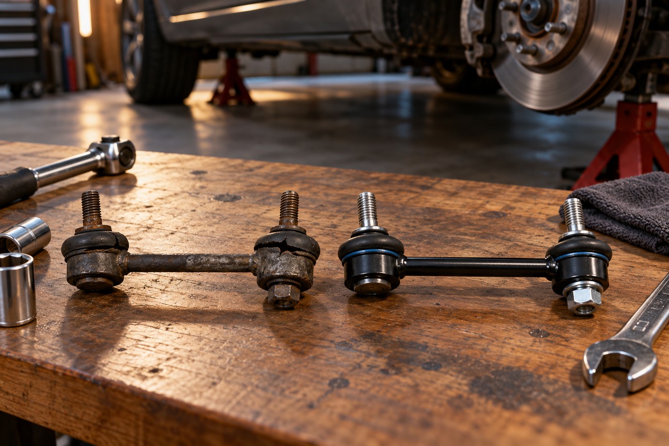 Old rusty front sway bar link and a shiny new replacement part lying on a wooden workbench with tools in a garage