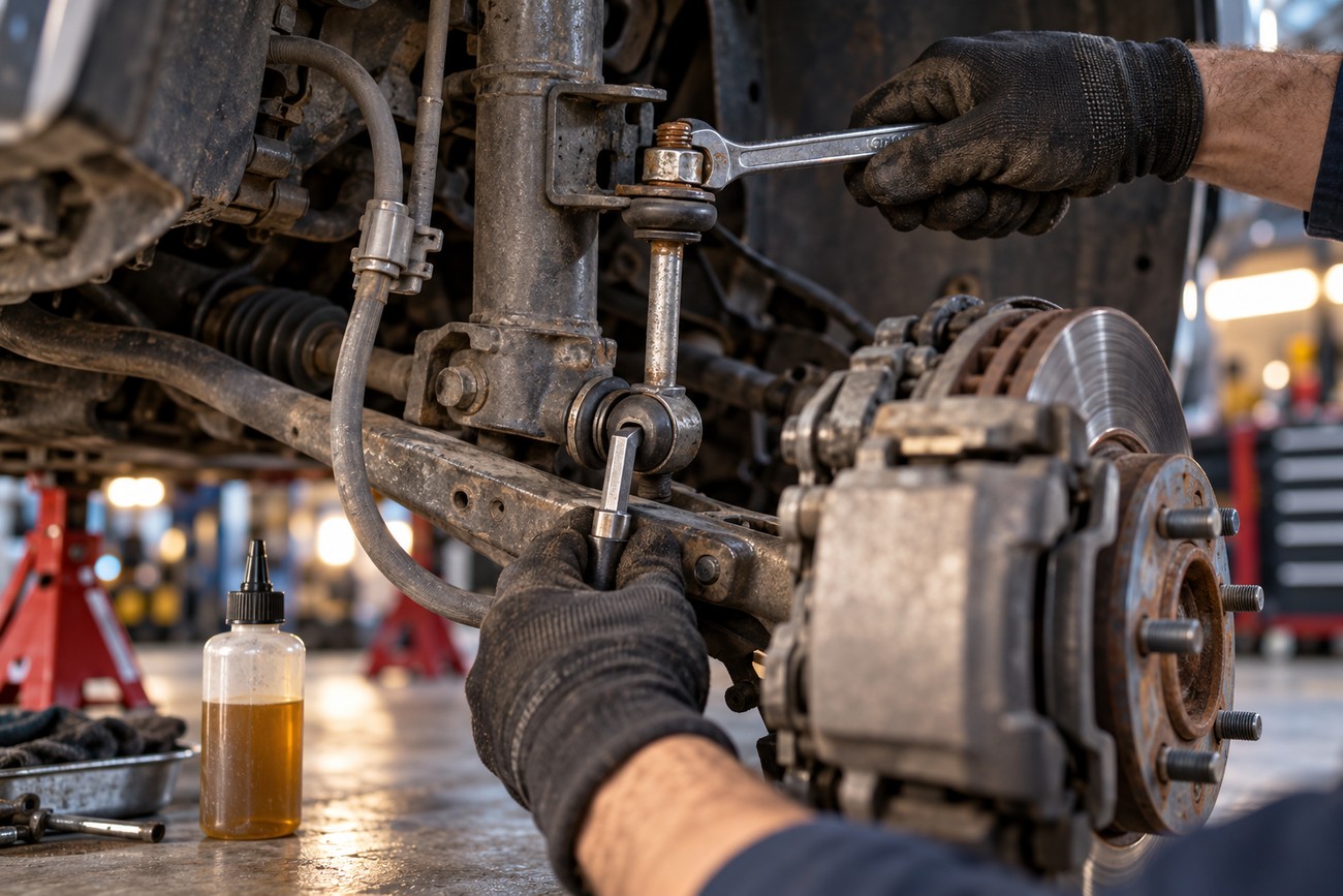 Mechanic wearing gloves using a wrench and a tool to remove a front sway bar link on a car suspension