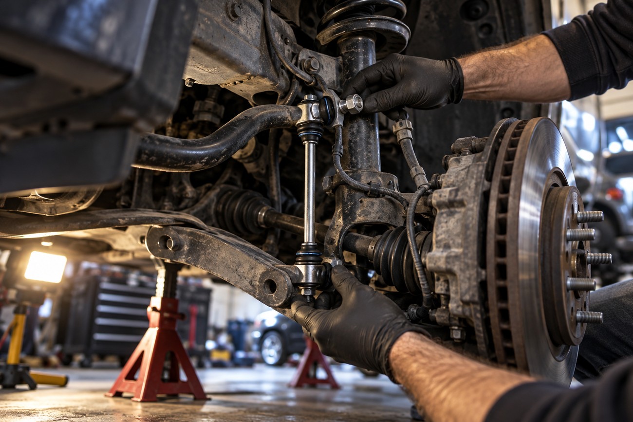 A mechanic in black gloves installs a front sway bar link on a car suspension system