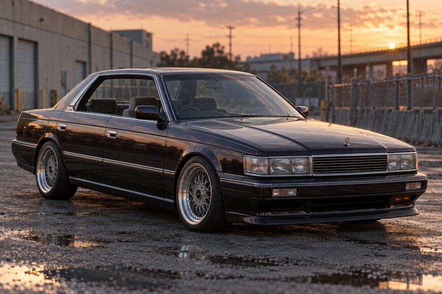 A sleek dark Nissan Laurel C33 pillarless sedan parked outdoors on an asphalt ground during a golden sunset