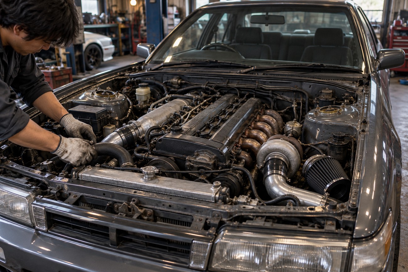 Mechanic in work gloves inspecting the turbocharged engine bay of a Nissan Laurel C33 in a garage