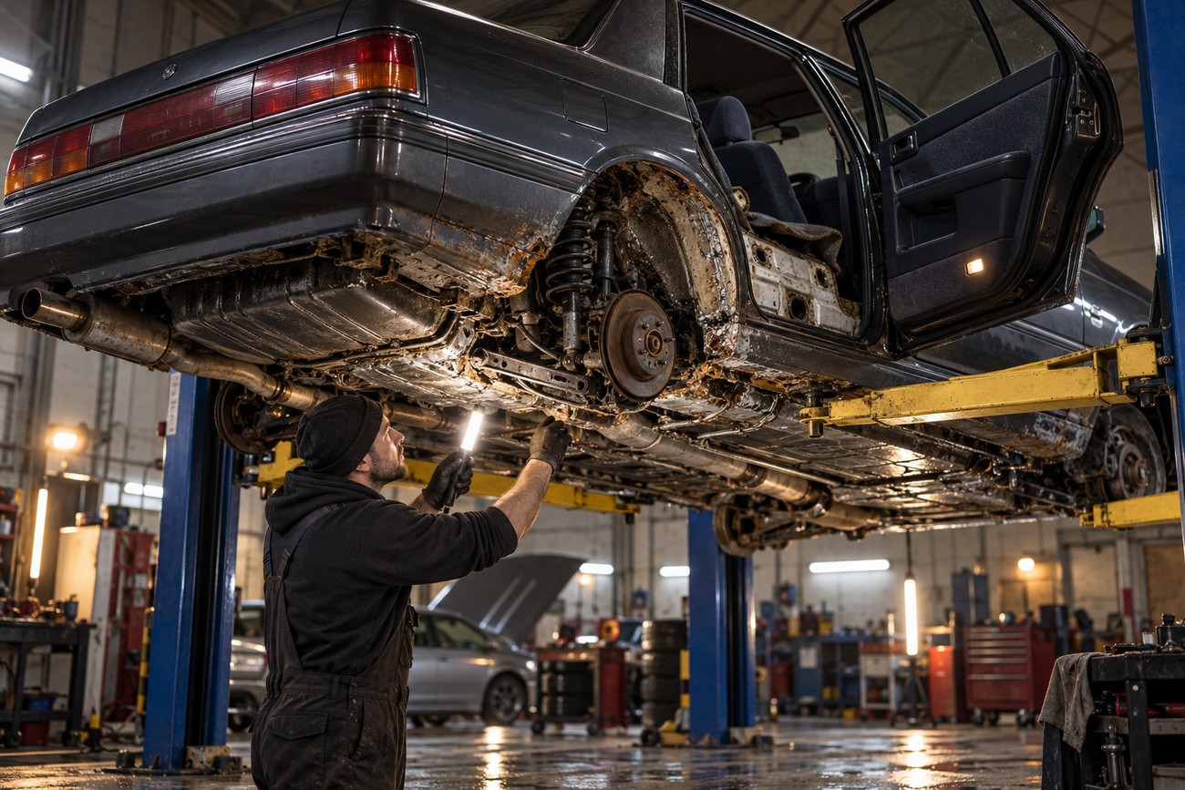 A mechanic in a workshop uses a work light to inspect the rusty underbody and rear suspension of a lifted Nissan Laurel C33 sedan