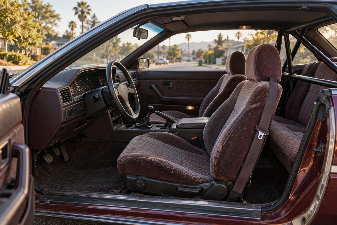Interior side view of a Nissan Laurel C33 drift car showing the pillarless window opening and brown velour seats