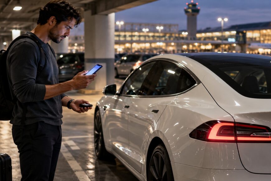 A man with a backpack holds a dead smartphone while standing next to a white Tesla in an airport parking garage