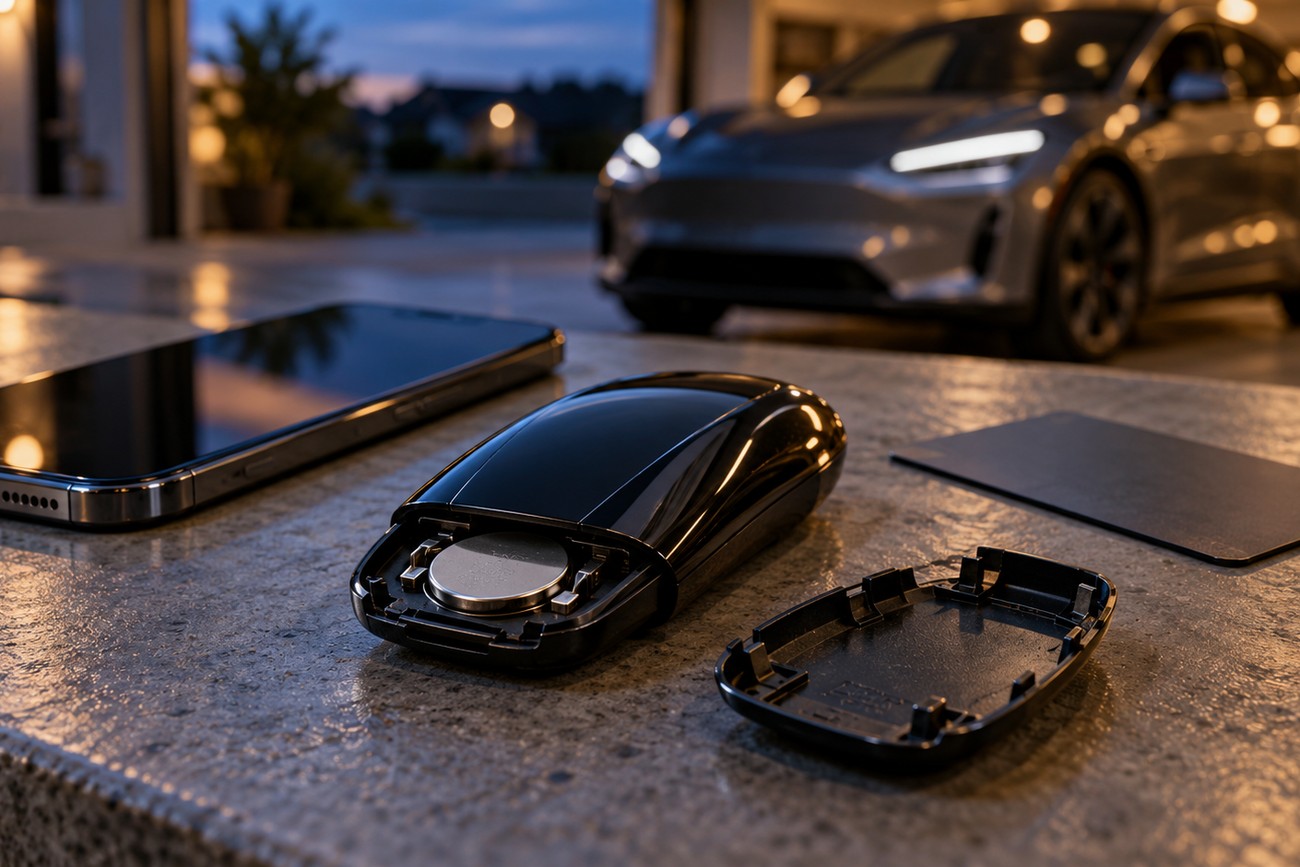 An open Tesla key fob showing its coin cell battery next to a smartphone with a Tesla parked in the background