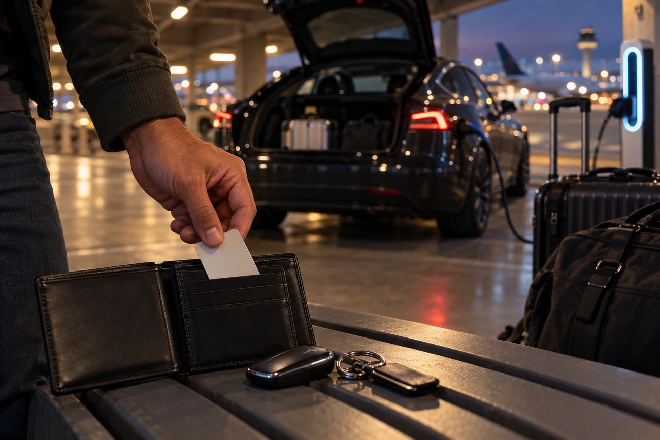 A man taking a Tesla key card out of his wallet next to luggage at an airport parking lot with an electric car in the background