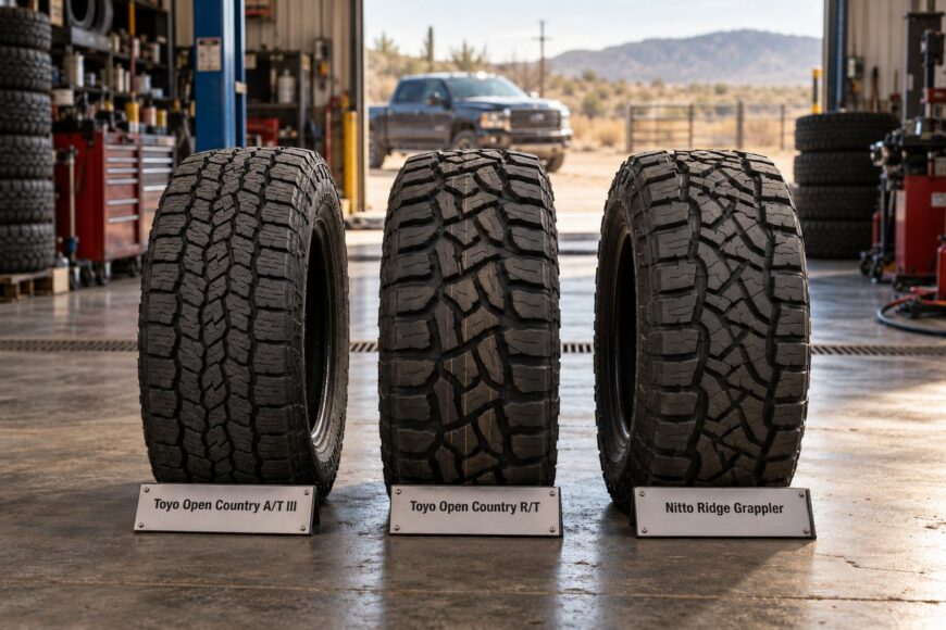 Three off-road tires standing in a garage with nameplates for Toyo Open Country and Nitto Ridge Grappler in front of them