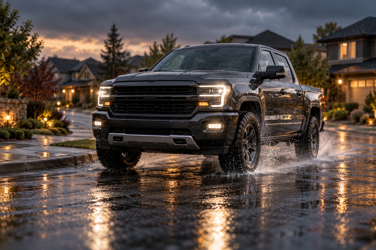 A dark pickup truck driving through puddles on a wet suburban street at dusk showcasing all-terrain tires