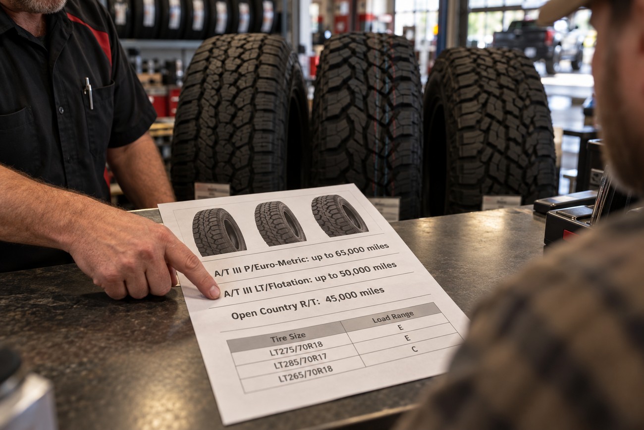 A mechanic pointing at a specification and mileage chart for all terrain tires across a counter in a shop