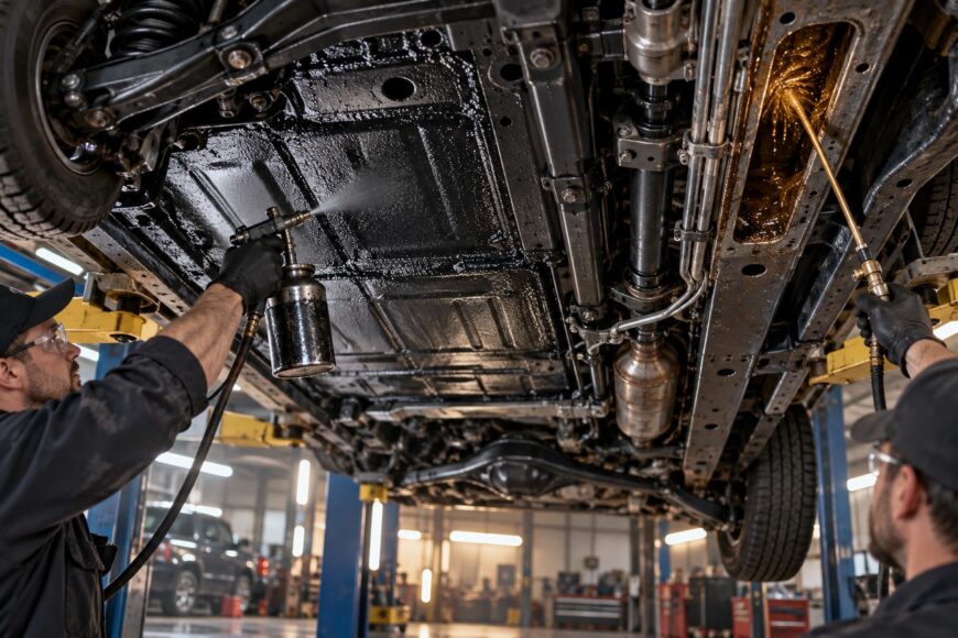 Mechanics applying black protective undercoating and oil spray rustproofing to the undercarriage of a car on a lift