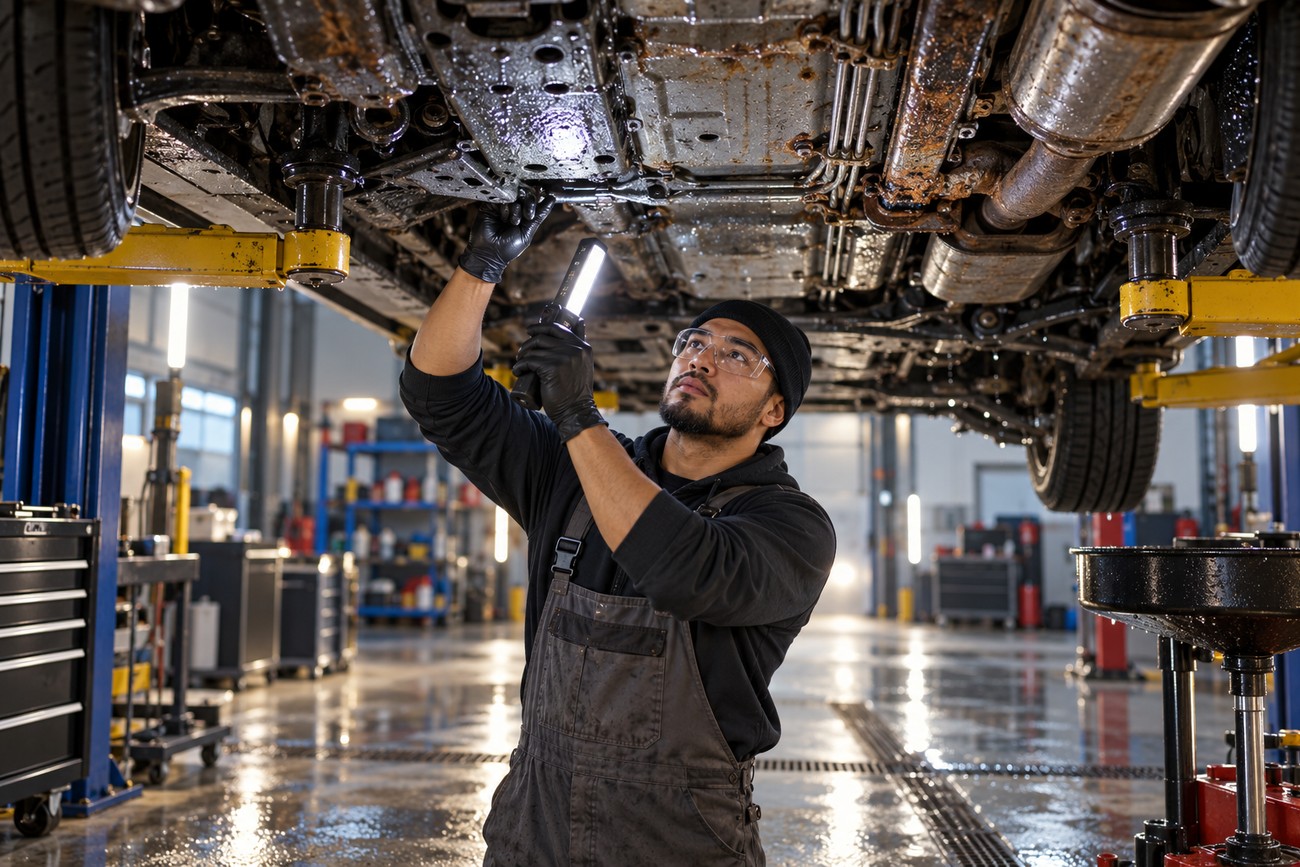 Mechanic wearing safety glasses inspects the rusty undercarriage of a lifted car with a flashlight in an auto repair shop
