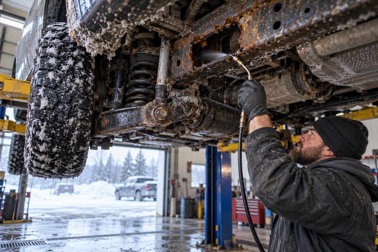 A mechanic wearing black gloves applies oil spray rustproofing to the rusted frame of a car lifted on a hydraulic hoist in a snowy garage