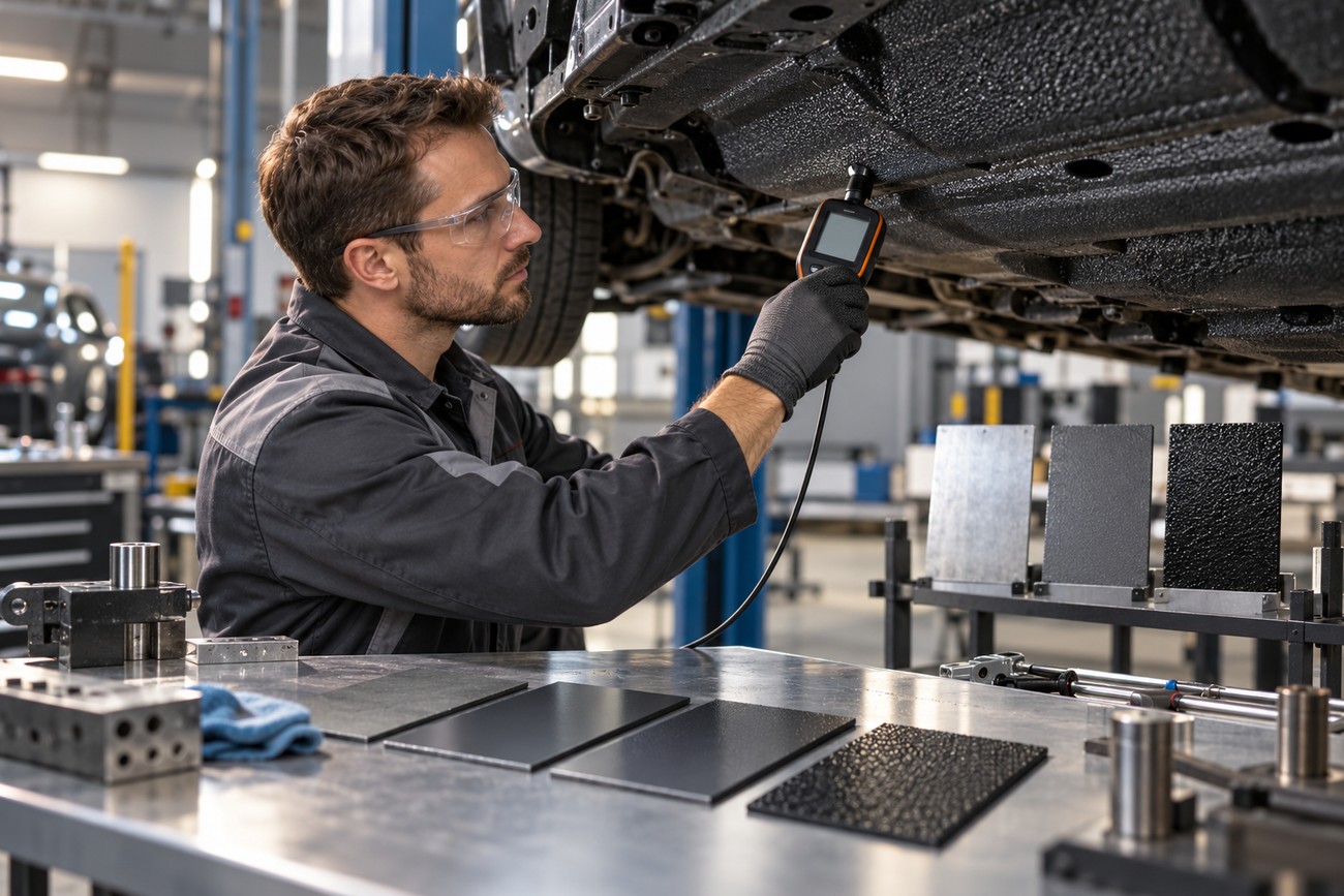 A mechanic wearing safety glasses and gloves uses a digital thickness gauge to inspect a car undercoating in a repair shop