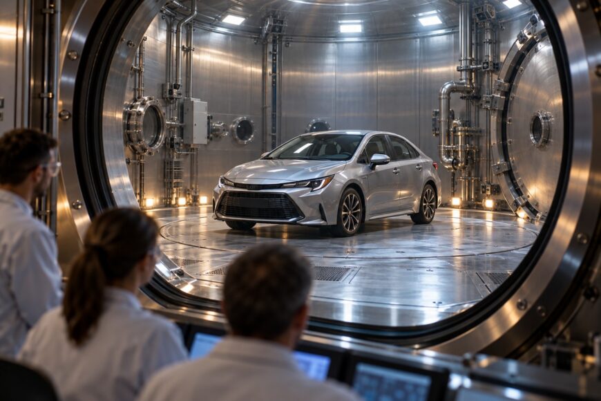 A silver Toyota Corolla parked inside a large metallic vacuum chamber with scientists observing from a control room in the foreground
